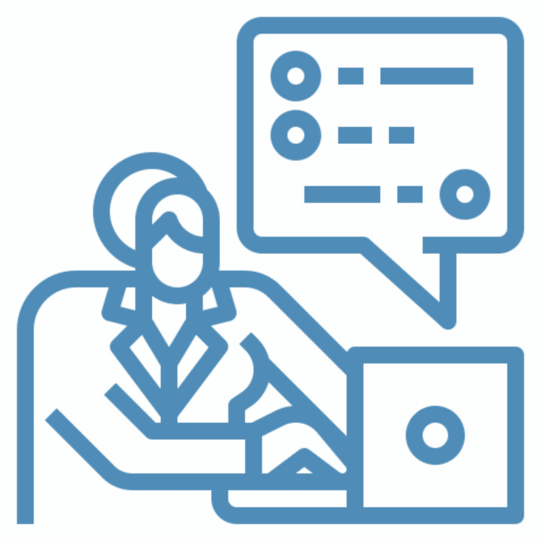 Icon of a customer support representative with a headset and chat bubble.