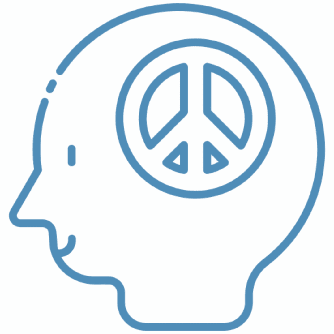 Blue silhouette of a head with a peace symbol inside.