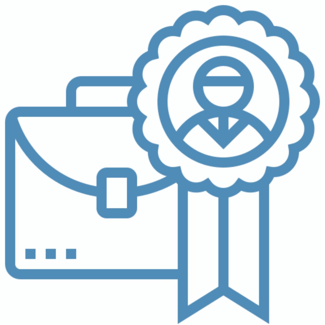 Icon of a briefcase with a certificate and ribbon symbolizing business success.