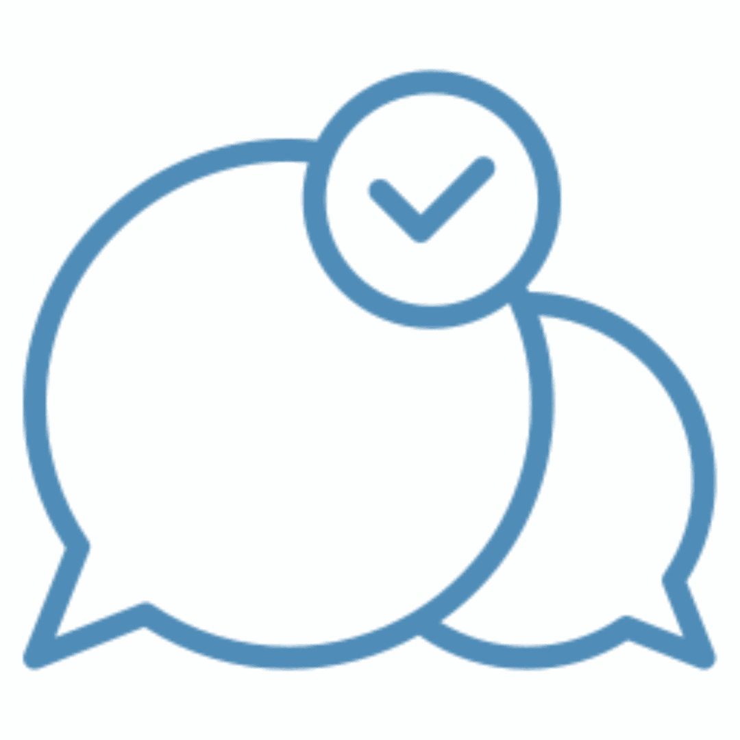 A checkmark inside a speech bubble icon on a blue background.
