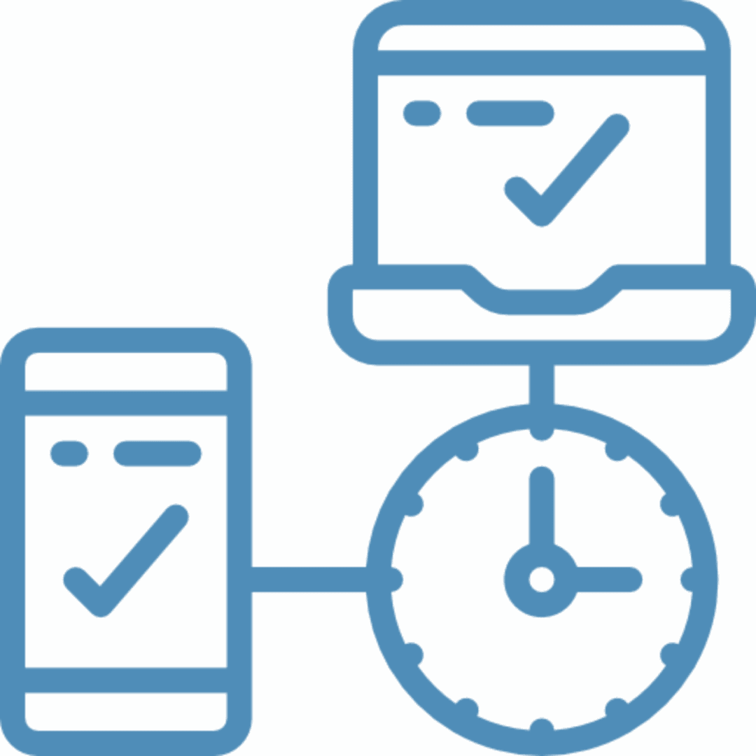 Icon showing a smartphone, computer, and clock connected by lines.